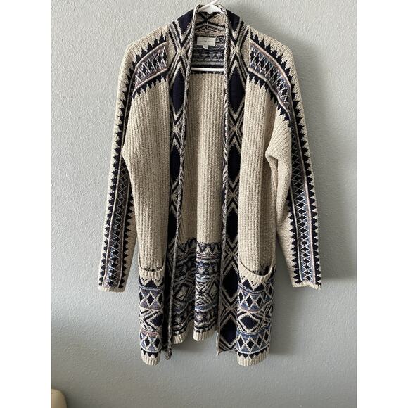 Lucky Brand Sweater Women’s Beige Aztec Boho Knit Open Cardigan Pocket M Medium - Picture 1 of 4
